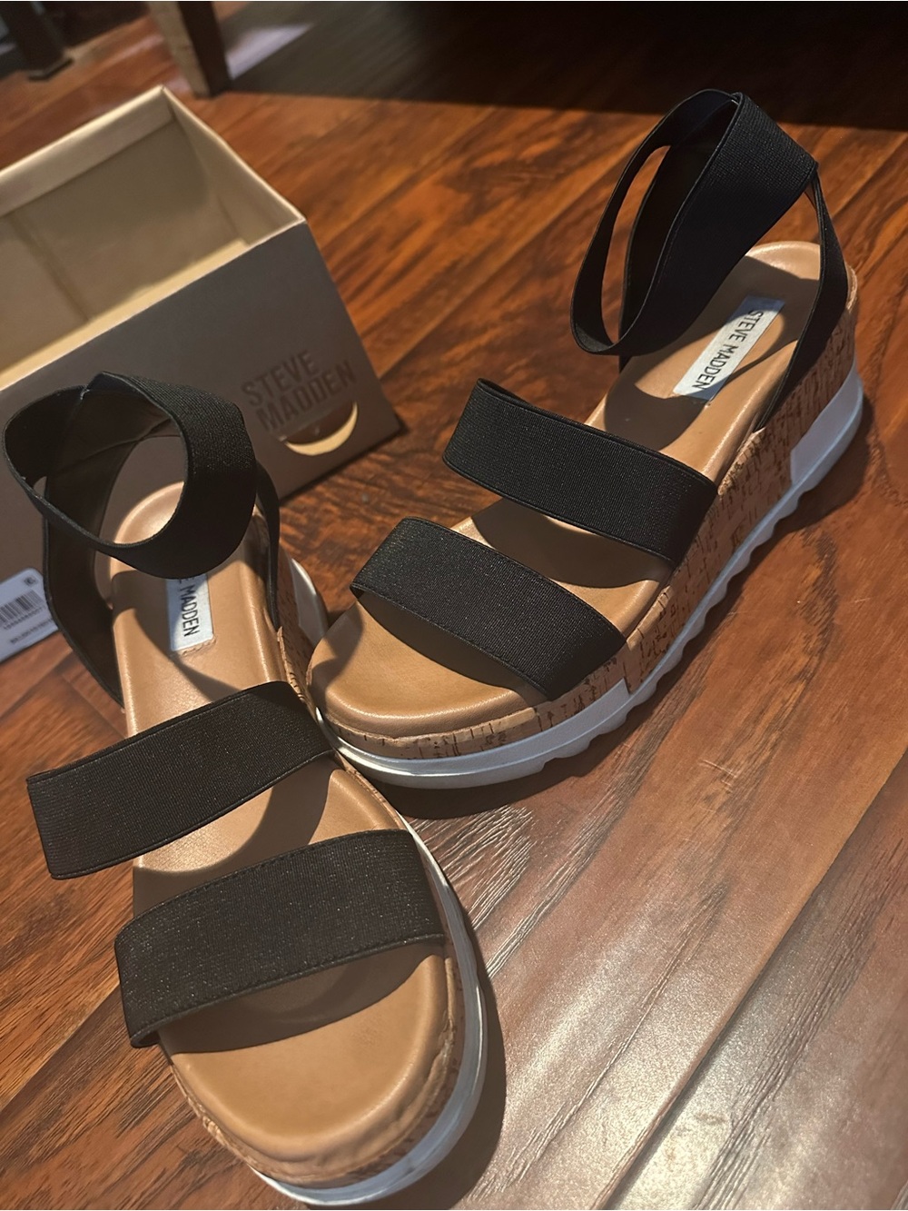 Steve Madden Black and Cork Platform Wedge Sandals